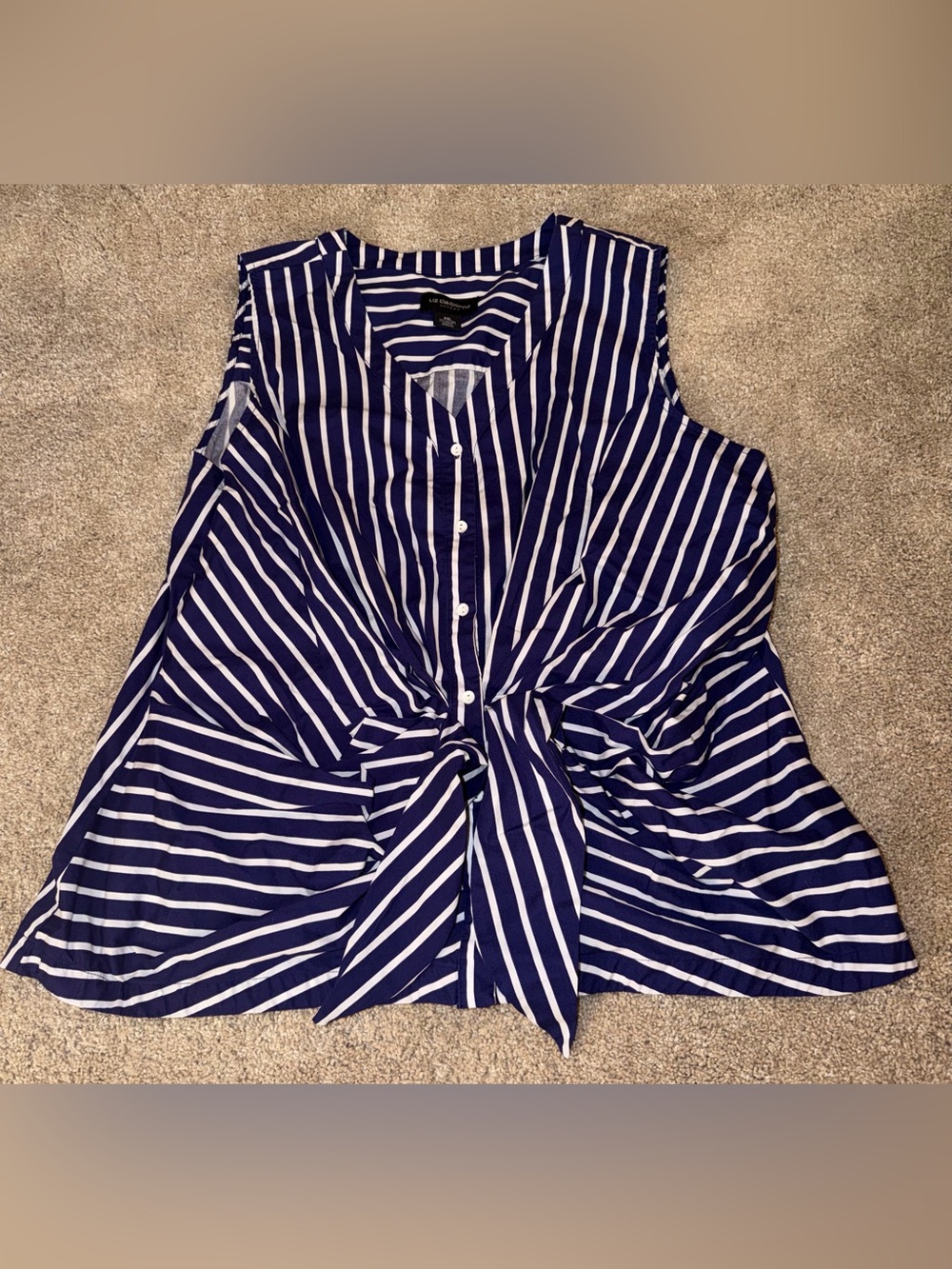 Liz Claiborne Career Navy and White Striped Button-Front Tie Top. Size XXL